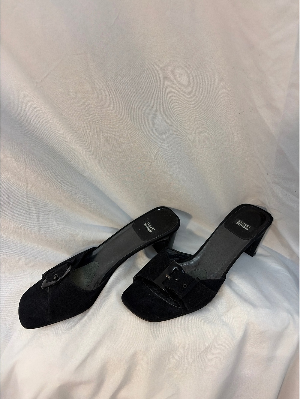 Stuart Weitzman Black Suede Buckle Slide Sandals Heels